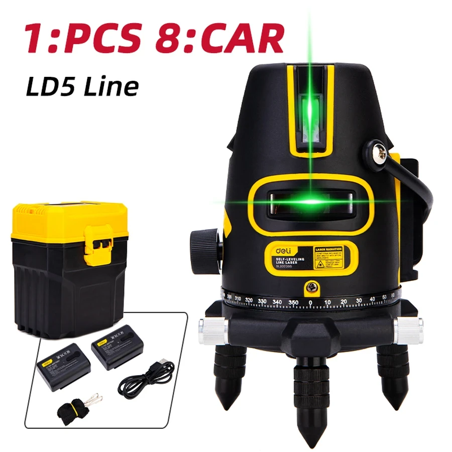 EDL332305 Professional 5-Line Laser Level (LD Green Beam) - 8+ Hour Operating Time, Auto-Leveling in 5s (±3° Alarm), Sensitive Touch Control (Yellow)