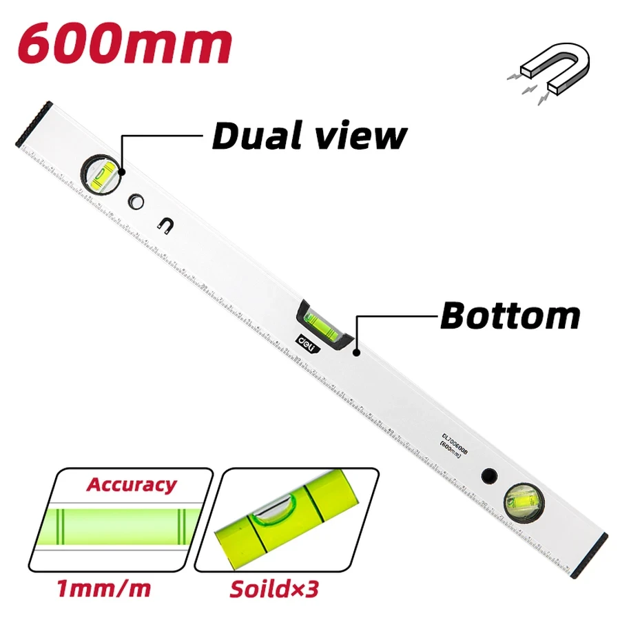 EDL700600B Professional Magnetic Spirit Level 600mm - Aluminum Body, CNC Machined 1mm/m Accuracy Vials, Shock-Proof Rubber End Caps (Yellow)