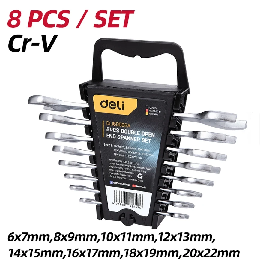 EDL160008A Double Open End Spanner Set 8 PCS - Carbon Steel, Chrome Plated, Mist Finish, Easy-Carry Plastic Rack (Silver)