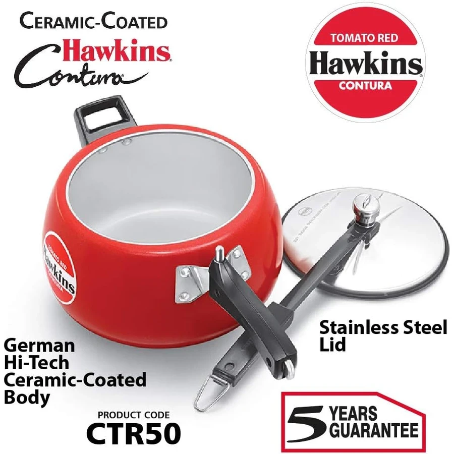 Hawkins CTR50 5L Contura Pressure Cooker | Tomato Red Ceramic Coating | Scratch & Stain Resistant | Black Base | Red