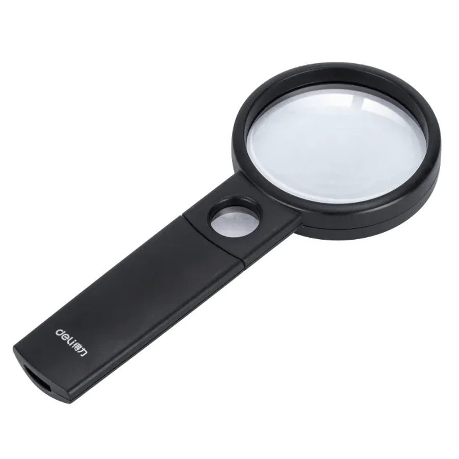 Deli E9090 Magnifying Glass (Black) - 75mm Clear Convex Lens, Dual 2.5X and 5X Magnification, ABS Frame