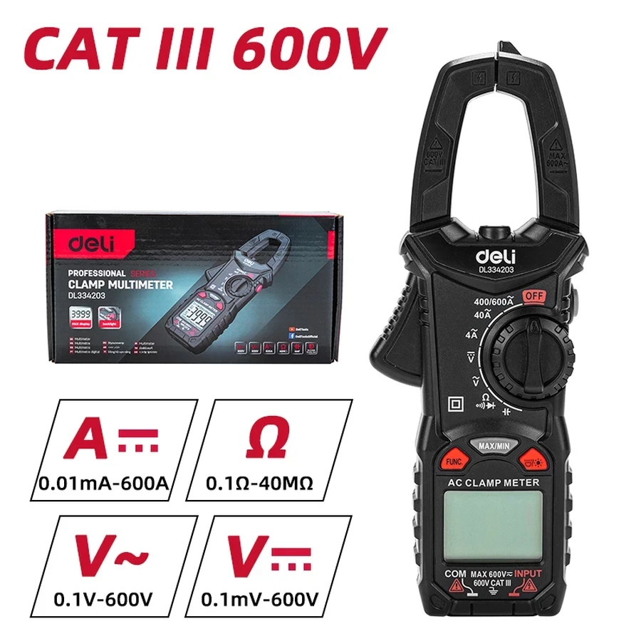 Deli EDL334203 Digital Clamp Multimeter - CAT III 600V, Auto Ranging, 25mm Jaw Clamp, Measures AC/DC Voltage, AC Current, Resistance, with Backlight and Data Hold (RED)