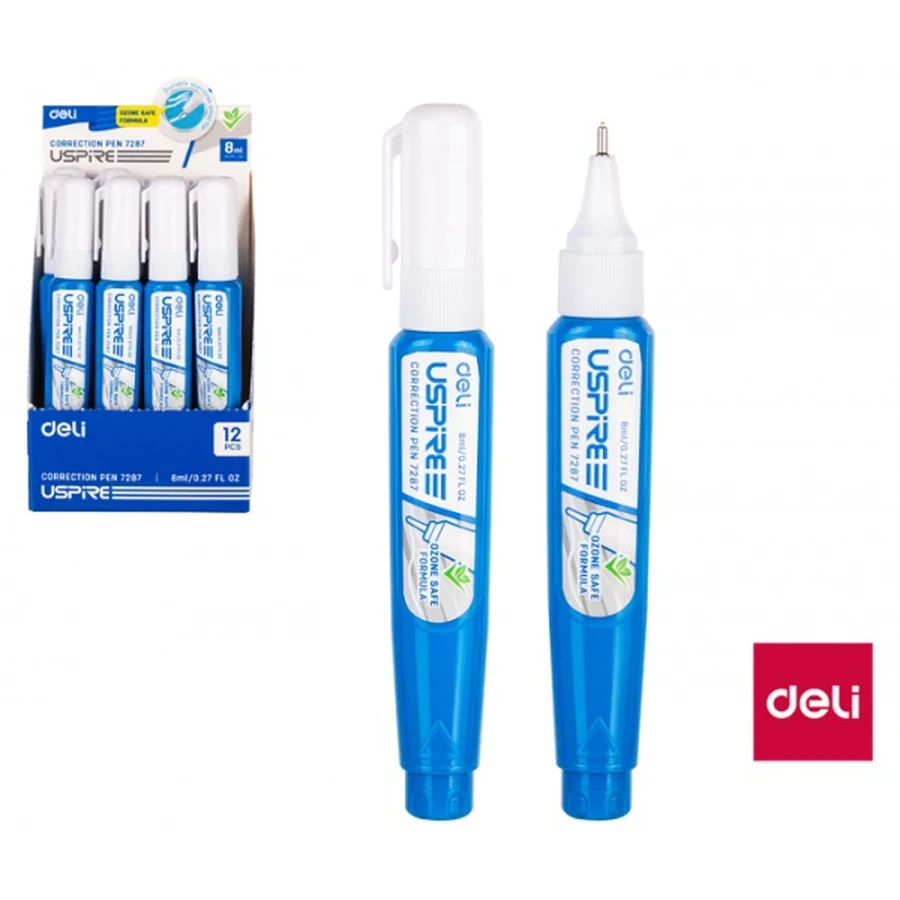 Deli E7287 Correction Pen - 8ml Fast-Dry Fluid, Stainless Steel Precision Tip, Easy Uncapping Design, and Excellent Coverage for Office & School