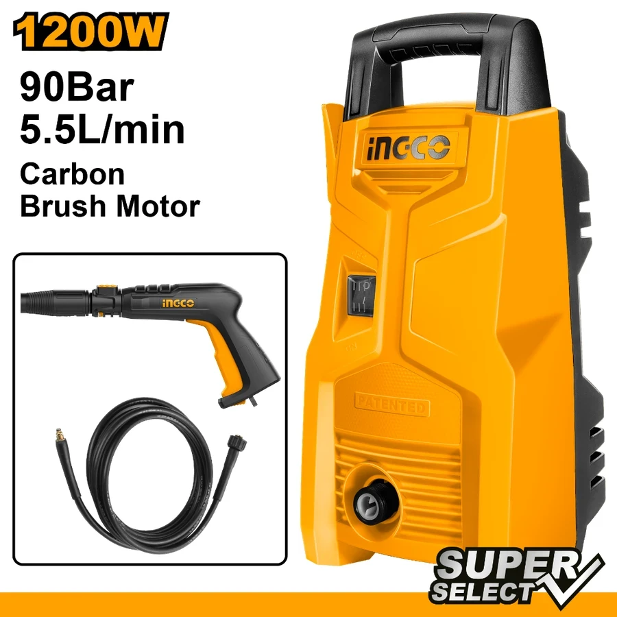 INGCO High Pressure Washer | 1200W Carbon Brush Motor | 90Bar Max Pressure | HPWR12008