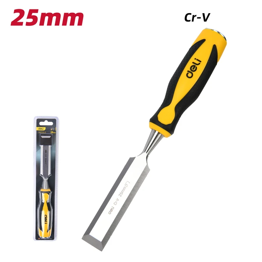 EDL6225-E1 Professional Wood Chisel 25mm (Approx. 1 Inch) - Heat Treated Blade, Ergonomic PP+TPR Handle, Durable for Carving and Joint Work (Yellow)