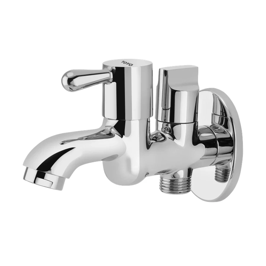 TOYO BE-51603 2 Way Bib Cock - Double Brass Handles, Dual Outlet, Premium Brass, CP Chrome Finish