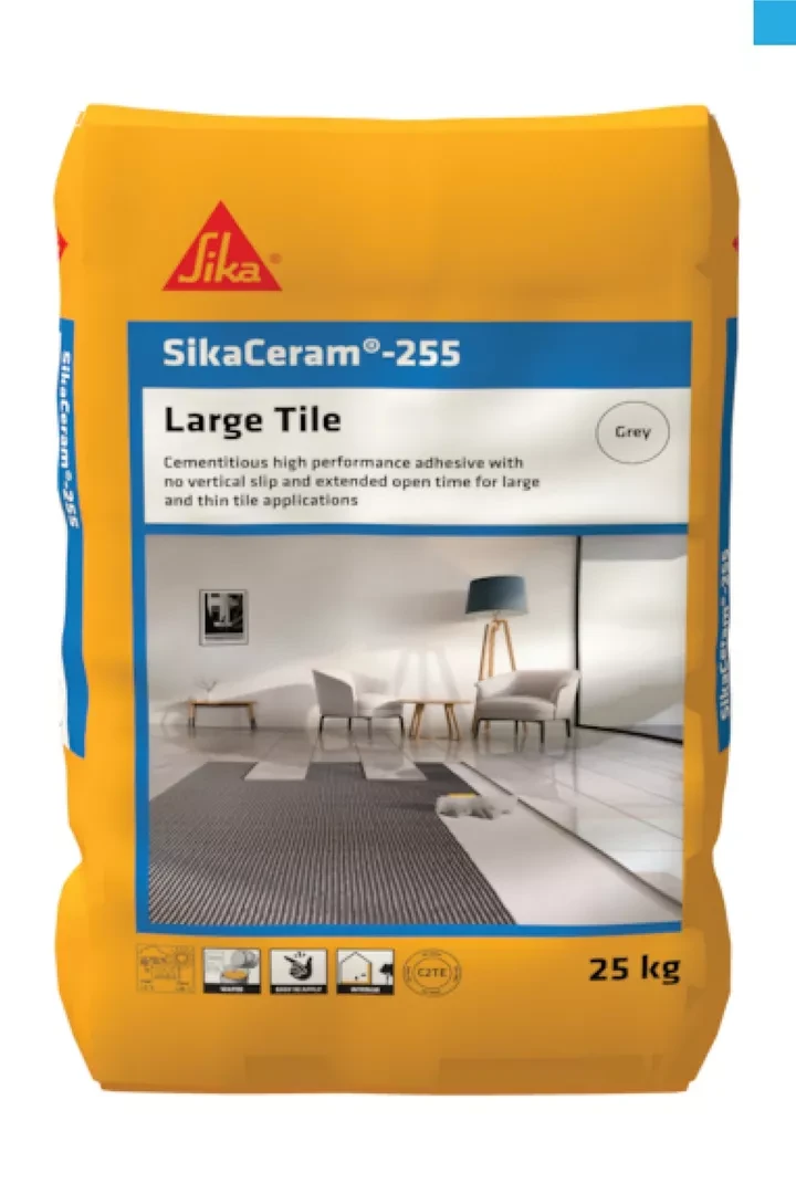 Sika Ceram 255 Large Tiles Adhesive 25 Kg - High-Performance Mortar for Large Format Tiles, 1 N/mm² Strength, Cement-Based