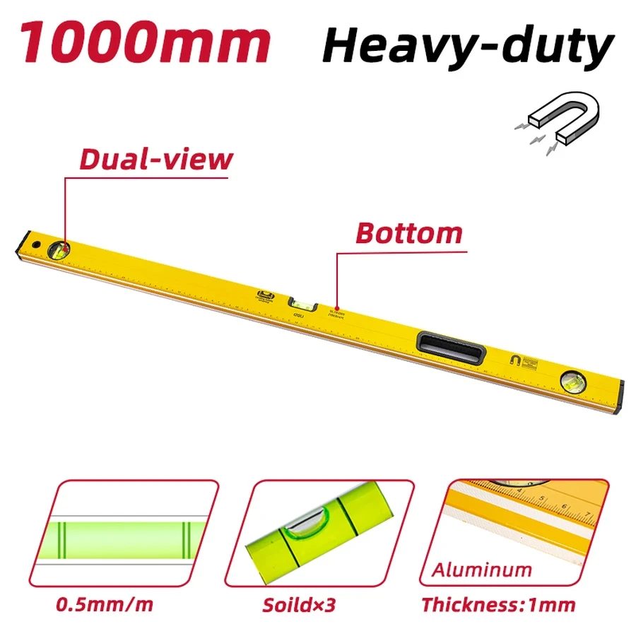 EDL291000 Professional Spirit Level 1000mm (39") - 3-in-1 Function, CNC Milled 0.5mm/m Accuracy, Clear Scale, Impact-Resistant Ends (Yellow)