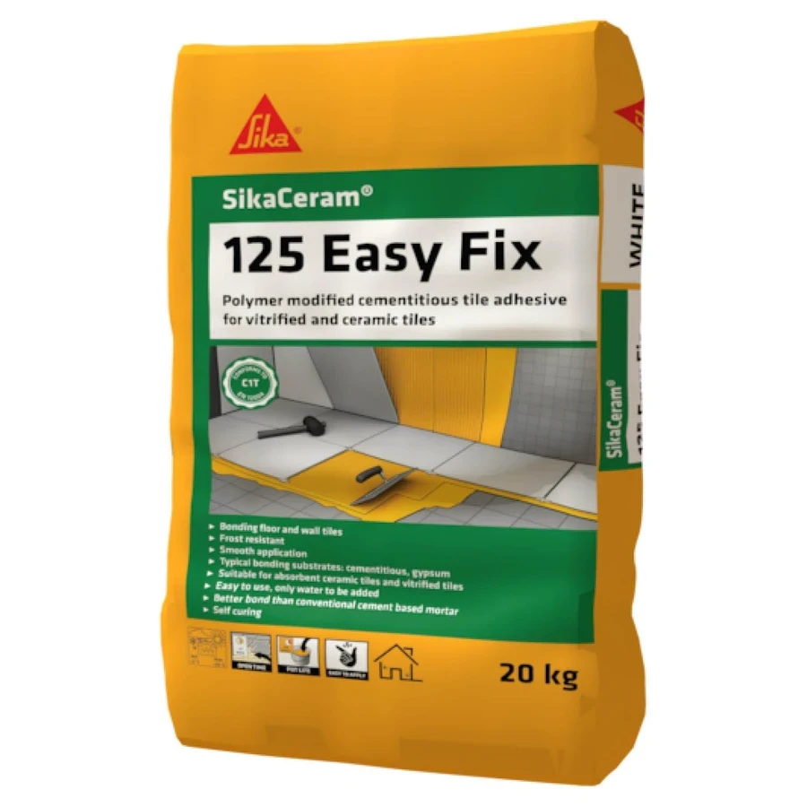 Sika Ceram 125 Easy Fix Tile Adhesive 20 Kg - Standard, Water-Resistant, Cement-Based Mortar for Interior Floor Ceramics (Grey)