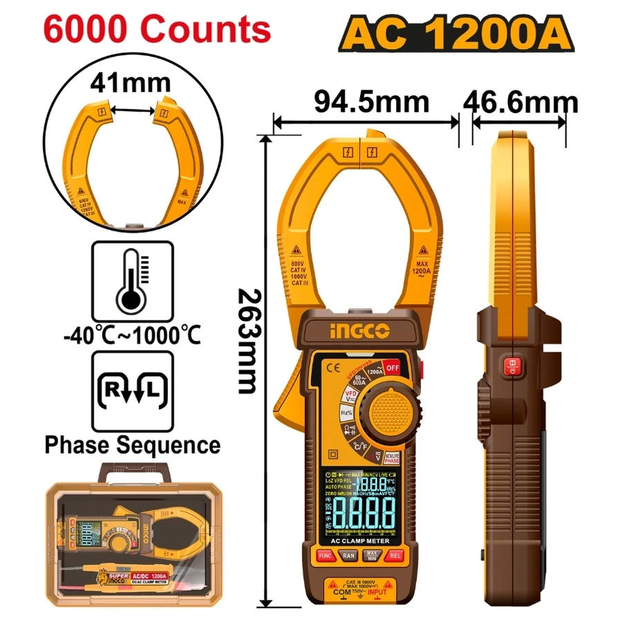 Professional High-Current Digital AC Clamp Meter | DCM610001 | 1200A Industrial Series
