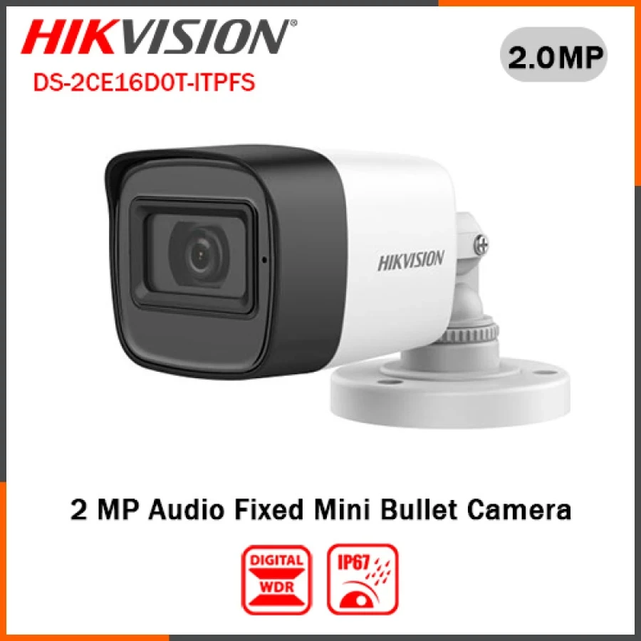 Hikvision 2MP Outdoor Audio Bullet Camera | 25m IR Night Vision | Built-in Mic | IP67 Weatherproof | DS-2CE16D0T-ITPFS