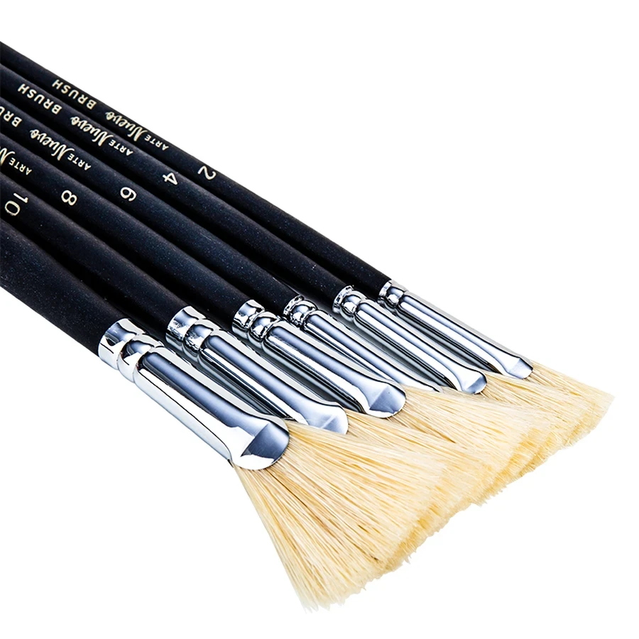 Deli 73896 Fan-Shaped Nylon Brush Set - 6 Piece Professional Collection (Sizes 2-12) with Dark Blue Long Wooden Handles for Oil, Acrylic, and Watercolor
