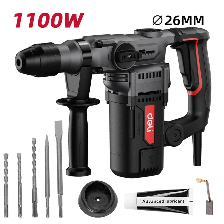 EDE-DC26-3E Professional Rotary Hammer 1100W - 5J Impact Energy, 26mm Concrete Capacity, Anti-Vibration Slingshot Structure (Red)