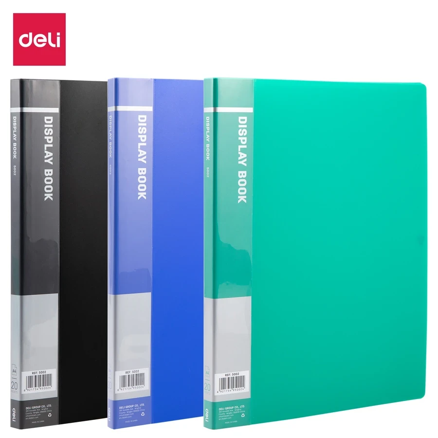 Deli 20-Pocket Clear Sheet Display Book | A4 Document Presentation Folder | Blue, Black & Green | E5002
