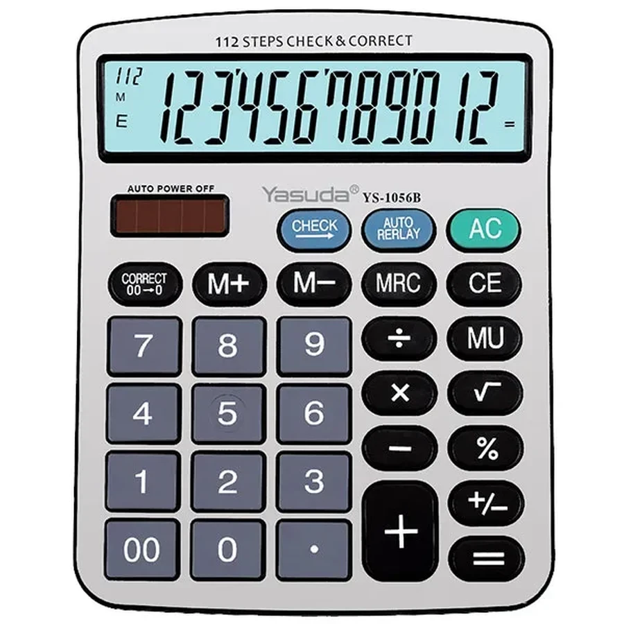 Yasuda YS-1056B Business Calculator - 12 Digits, Extra Large Display, Dual Power Solar/Battery, Tax & Check/Correct Functions
