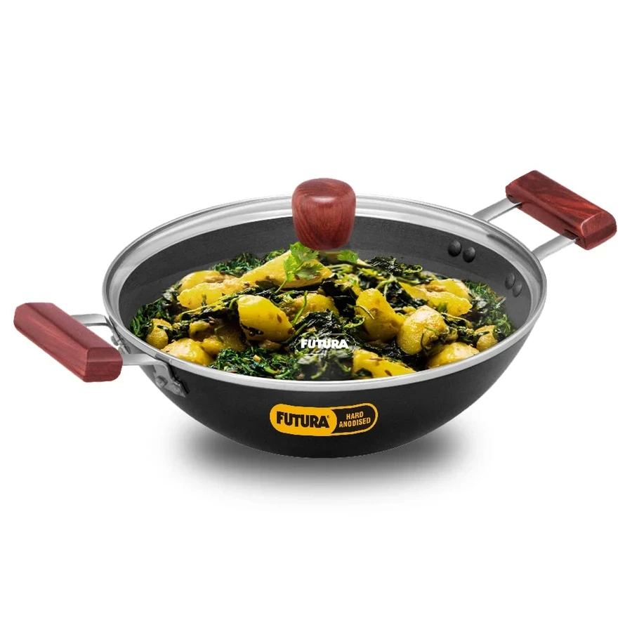 Hawkins AD30G 3L Hard Anodised Deep Fry Pan (Kadhai) | 3.25mm Extra Thick | Flat Bottom | Rosewood handles | Glass Lid | Black