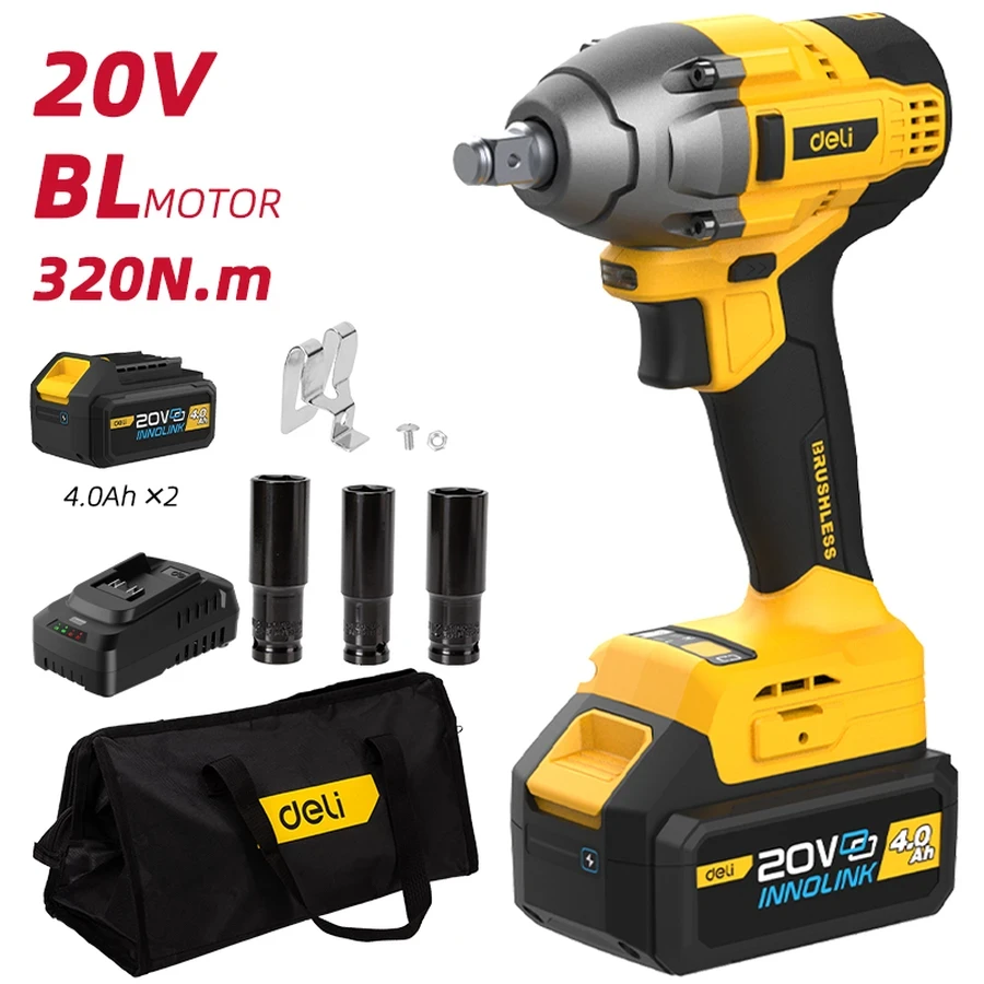 EDC230 Cordless Impact Wrench 20V - Brushless Motor, 320 N.m Max Torque, Dual 4.0Ah Batteries, 1/2" (12.7mm) Drive, 3 Sockets (Yellow)