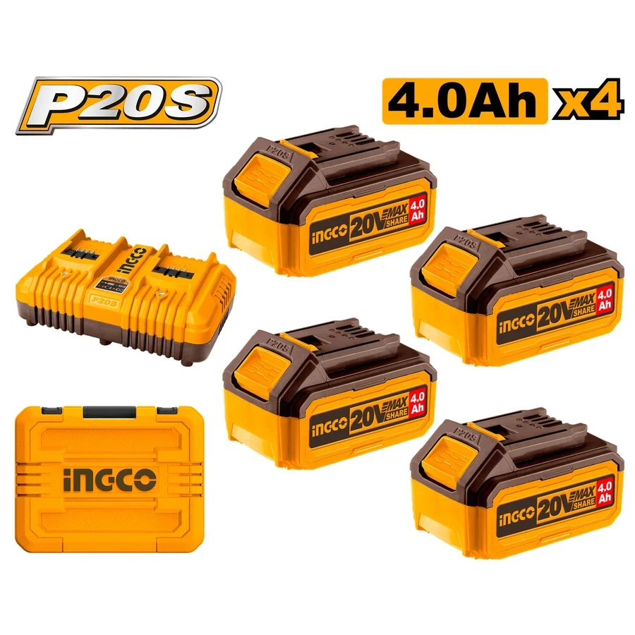 INGCO P20S Lithium-Ion Battery and Charger Kit | 4 x 4.0Ah Batteries | Dual Port Fast Charger | FBCLI20244