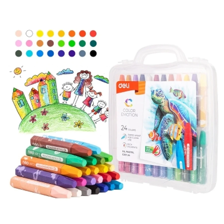 Deli Color Emotion Oil Pastel Set EC20124 - 24 Rich Pigment Colors, Smooth Performance, and Non-Toxic Formula with Paper Wrap for Clean Use