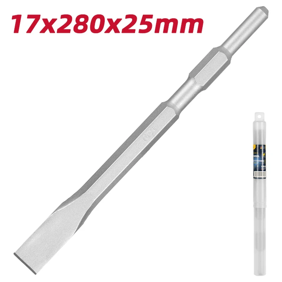 EDH-HBZ25280-E1 Professional Hex Shank Flat Chisel 17x280x25mm - High-Strength 40Cr Steel, 25mm Wide Blade for Slotting, Grooving, and Surface Removal (SILVER)