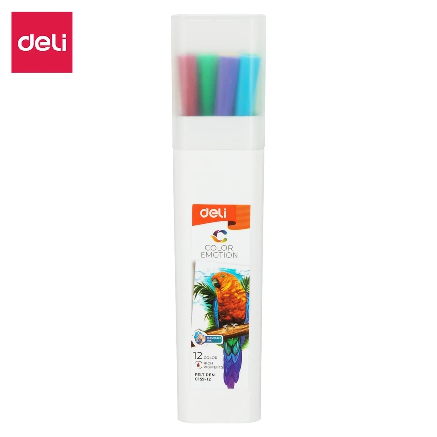 Deli 12-Color Hexagonal Felt Pens | Washable Ink & Ventilated Safety Caps | EC159-12