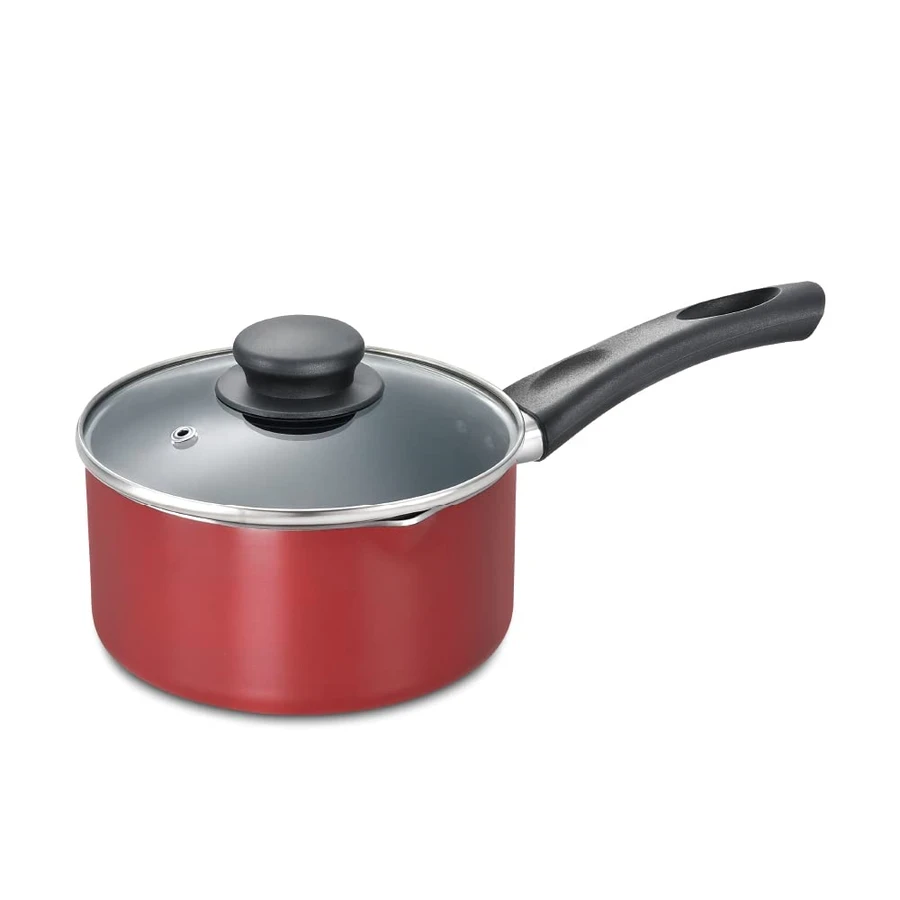 Prestige 36728 Omega Deluxe Milk Pan 160mm | 1.5 Litre | 3-Layer Non-Stick | Induction & Gas Compatible | Red with Glass Lid