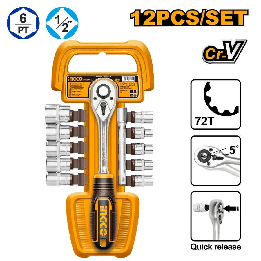 Professional 12 Pcs 1/2" Socket Set | HKTS12122 | High-Quality 50BV30 Cr-V Steel