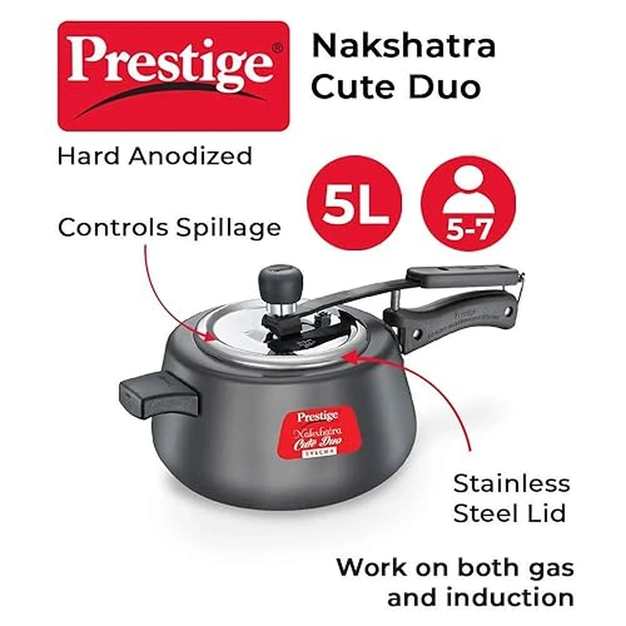 Prestige 20261 Nakshatra Svachh Cute HA Duo Pressure Cooker | 5 Litres | Hard Anodized Handi Shape | Unique Deep Lid | Gas & Induction Compatible