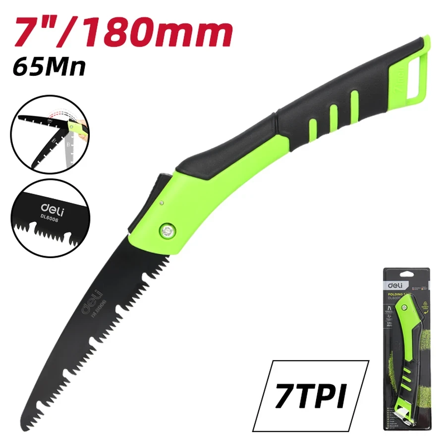EDL6006 Heavy-Duty Folding Saw 180mm (7") - 65Mn Steel Blade, Triple-Ground, Quenched Teeth for Clean Cuts, Portable Design for Pruning and Camping (GREEN)