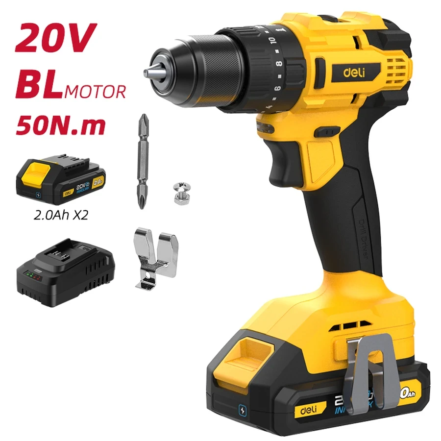 Deli EDC150-2 Cordless Impact Drill 20V - 50 N.m Max Torque, 10mm Chuck, Dual 2.0Ah Li-ion Batteries, Hammer Function (Yellow)