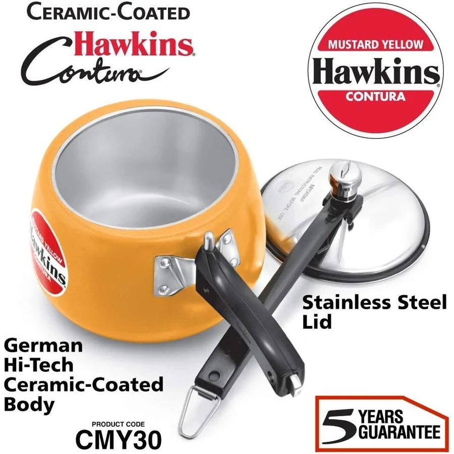 Hawkins CMY30 3L Contura Pressure Cooker | German Ceramic Coating | Scratch & Stain Resistant | Mustard Yellow | Stainless Steel Lid