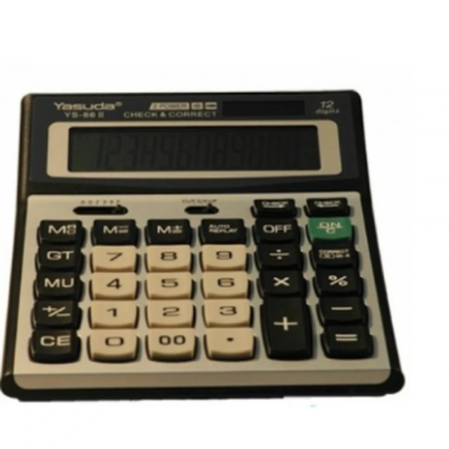 Yasuda YS-66IIG Business Calculator - 12 Digits, Extra Large Display, Dual Power Solar/Battery, Tax & Check/Correct Functions
