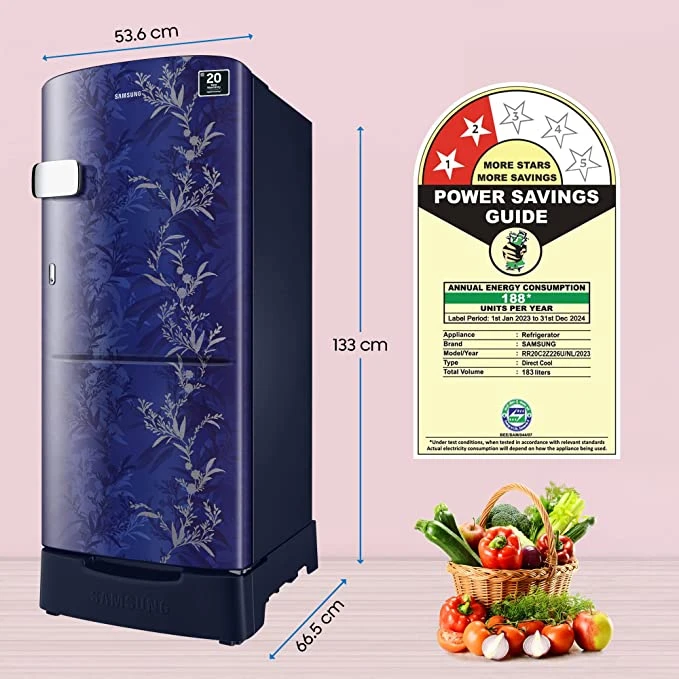 Samsung RR20C2Z226U/IM 192L Single Door Refrigerator | Digital Inverter | Auto Express Cooling | Mystic Overlay Blue | Stylish Grandé Design