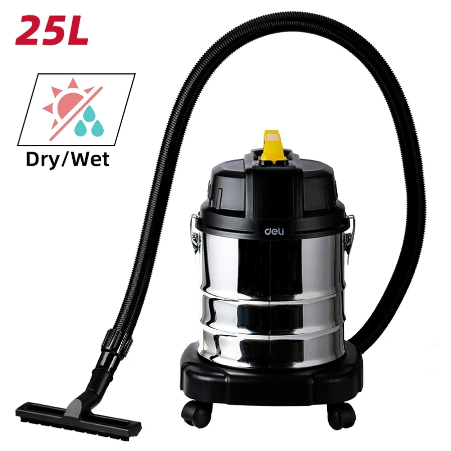 Deli EDL881825 25L Wet & Dry Vacuum Cleaner - 1400W Power, 21 kPa Suction, IPX4 Waterproof, Stainless Steel Barrel, Multiple Filtering, 2.5m Hose (BLACK)