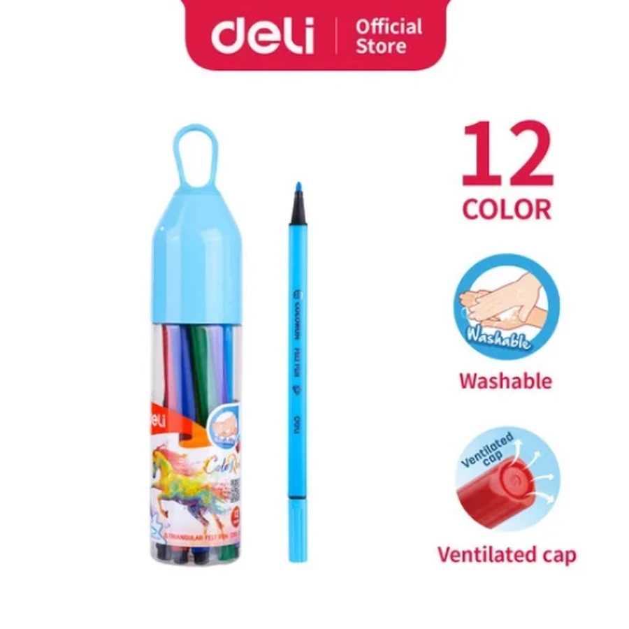 Deli 12-Color Watercolor Felt Pen Set | Portable Protective Tube Packaging | Vivid Pigment | EC10506