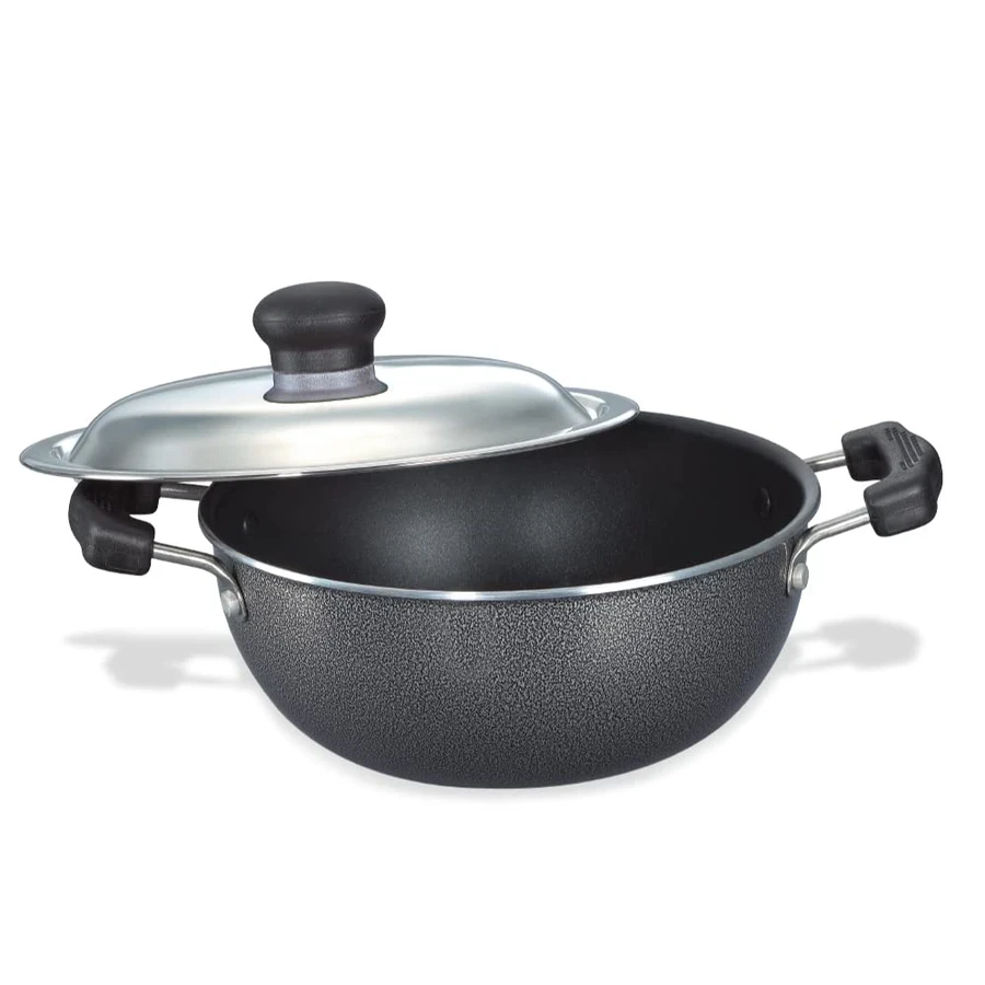 Prestige 30729 Omega Select Plus Flat Base Kadai 250mm | Unique Impact Bottom | Non-Stick Aluminium | SS Lid | Black