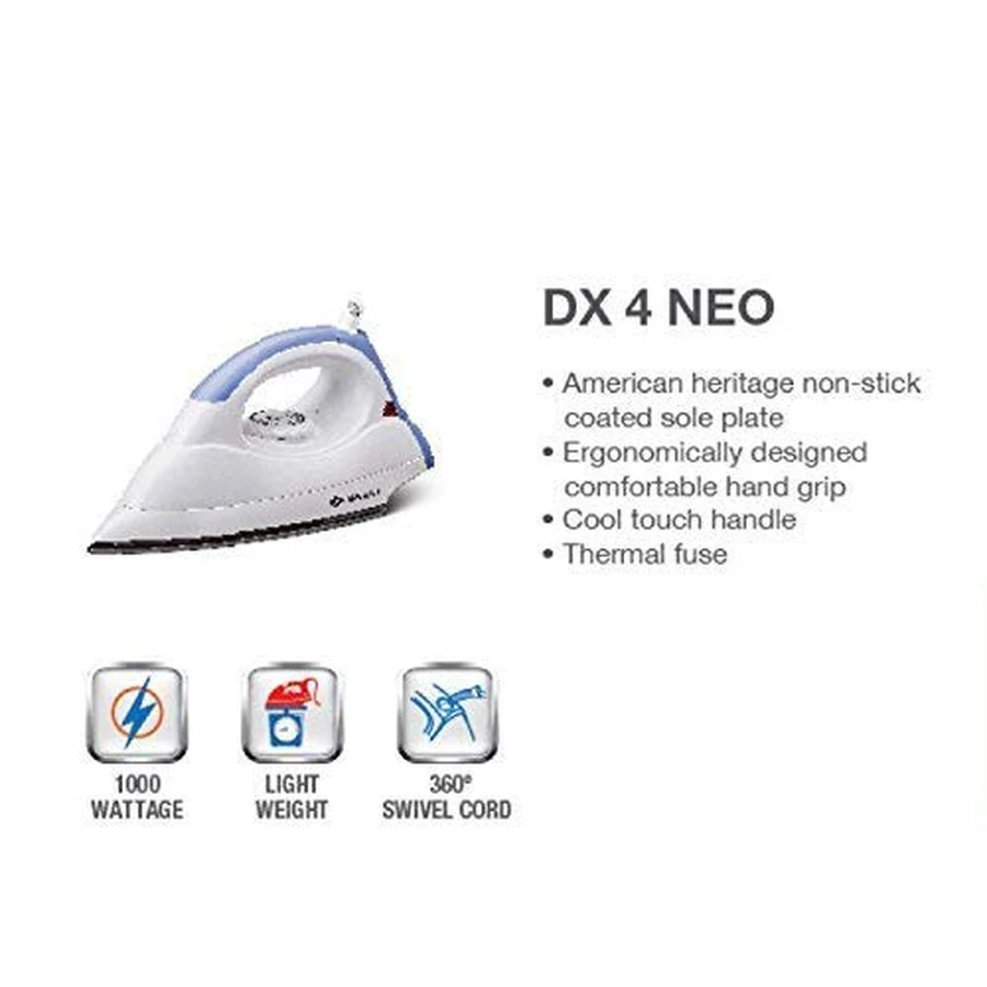 Bajaj DX 4 Neo (440325) Dry Iron | 1000W | American Heritage Teflon Coated Soleplate | Lightweight 540g | 1.7m Cord