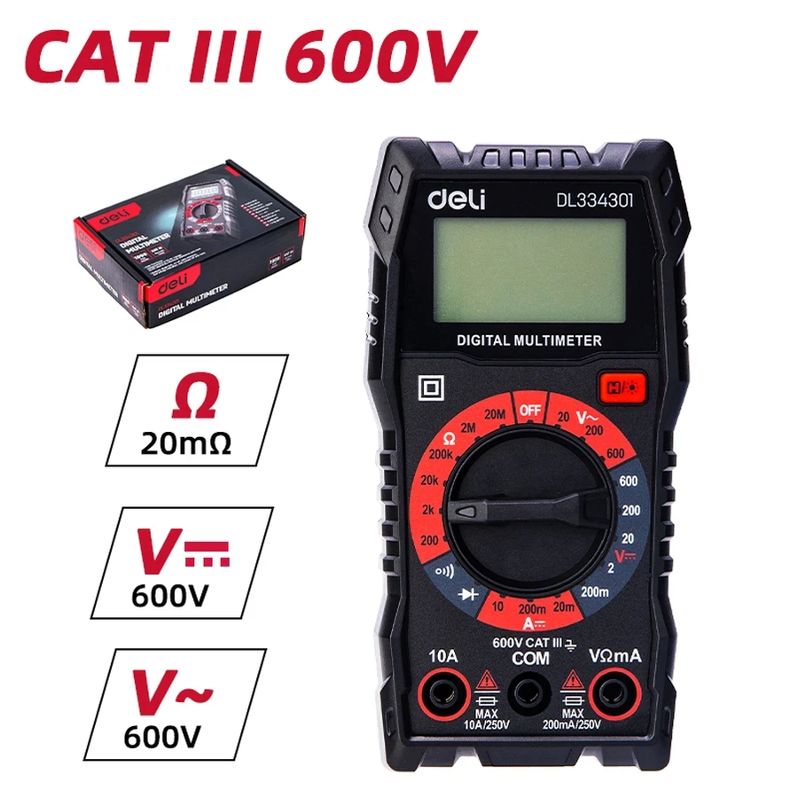 Deli EDL334301 Digital Multimeter - CAT III 600V, Manual Ranging, 3 1/2 Digit (Max 1999), Measures AC/DC Voltage, DC Current, and Resistance, with LCD Backlight (RED)