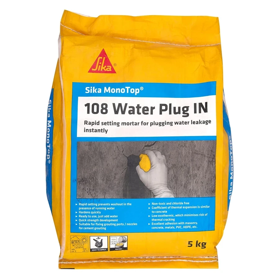 Sika MonoTop 108 Water Plug 5kg 708825 | Ultra Fast Setting Cementitious Mortar | Stops Active Leaks | Grey