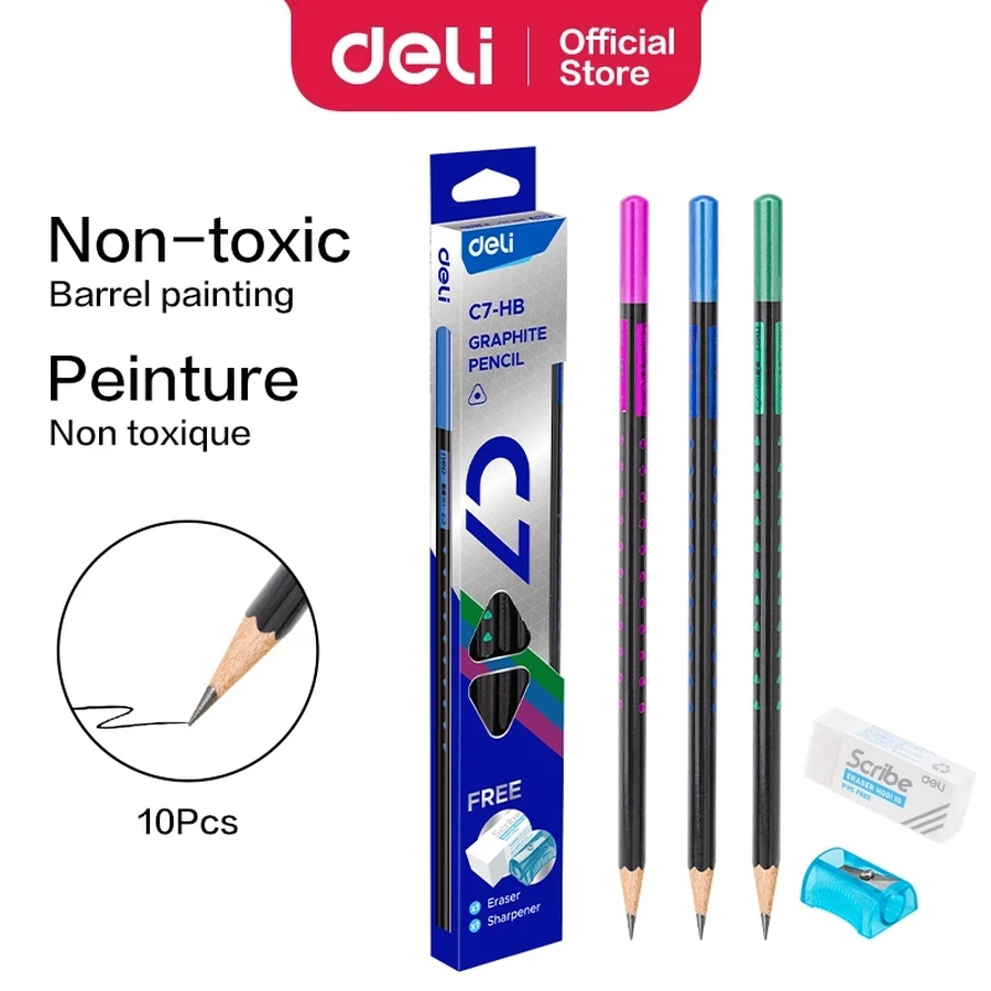 Deli 10-Piece HB Graphite Pencil | Ergonomic Triangular Barrel | Non-Toxic Safety Paint | EC7-HB