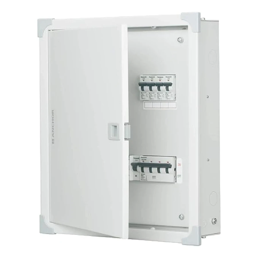 Anchor 98305 TPN Double Door Distribution Board 4 Way - Three Phase Neutral, CRCA Steel, Powder Coated, Compact Circuit Protection for Three-Phase Residential Use