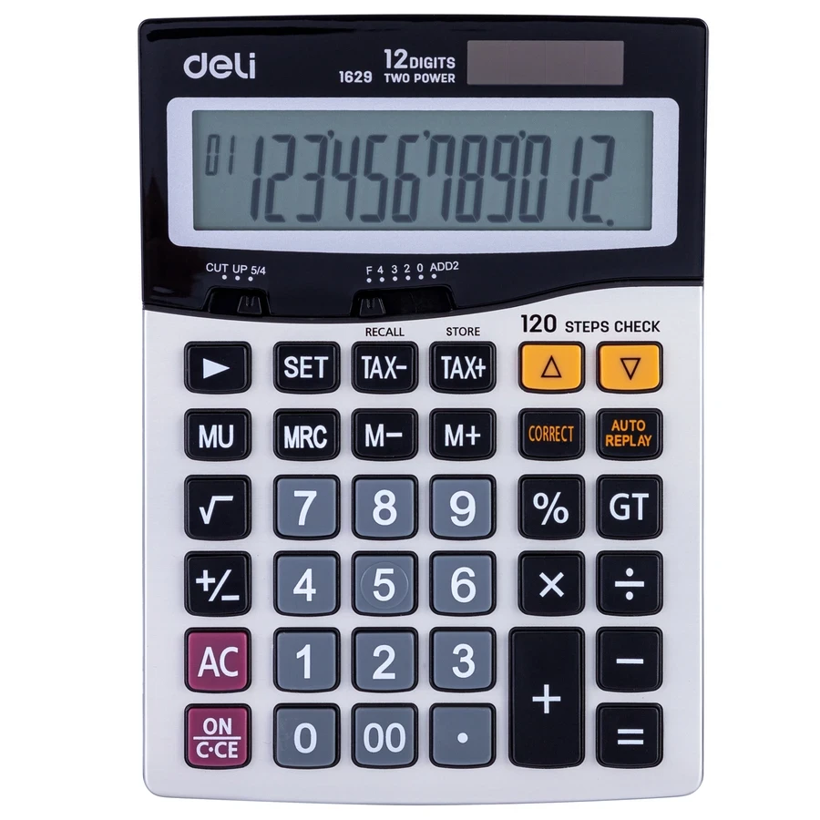 Deli E1629 Professional Desktop Calculator - 12 Digits, Metal Build, Dual Power, Tax Function, and 120 Steps Check (Silver)