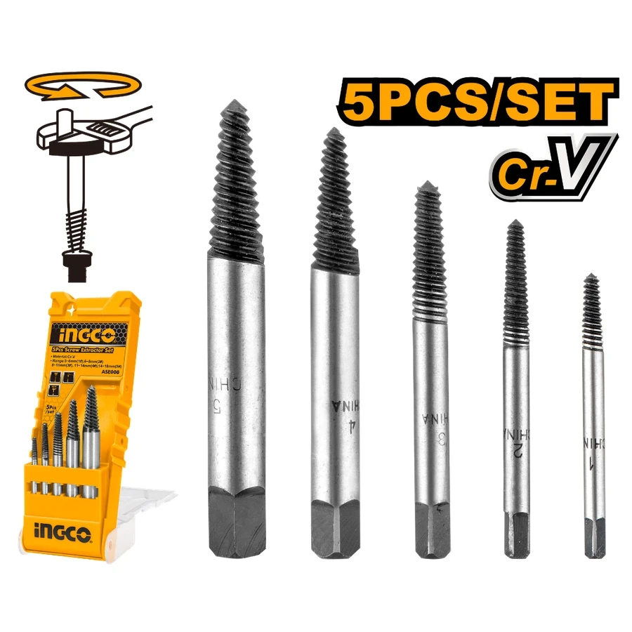 Screw Extractor Set | ASE008 | 5 Pcs Chrome Vanadium | 3mm–18mm