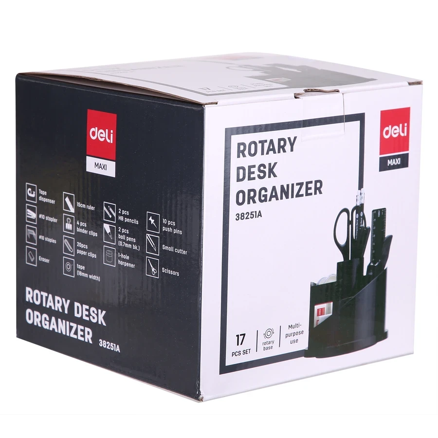 Deli E38251A Rotary Desk Organizer Set - 7 Compartments, Includes 16 Stationery Accessories, HIPS Plastic, Black