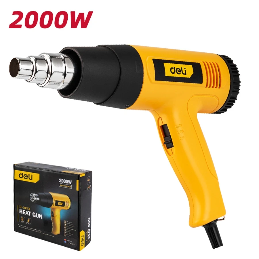 EDL391201 Heat Gun 2000W - Dual Temperature (400°C/650°C), Dual Airflow (250/400 L/min), Overheat Protection, Stainless Steel Nozzle (Yellow)
