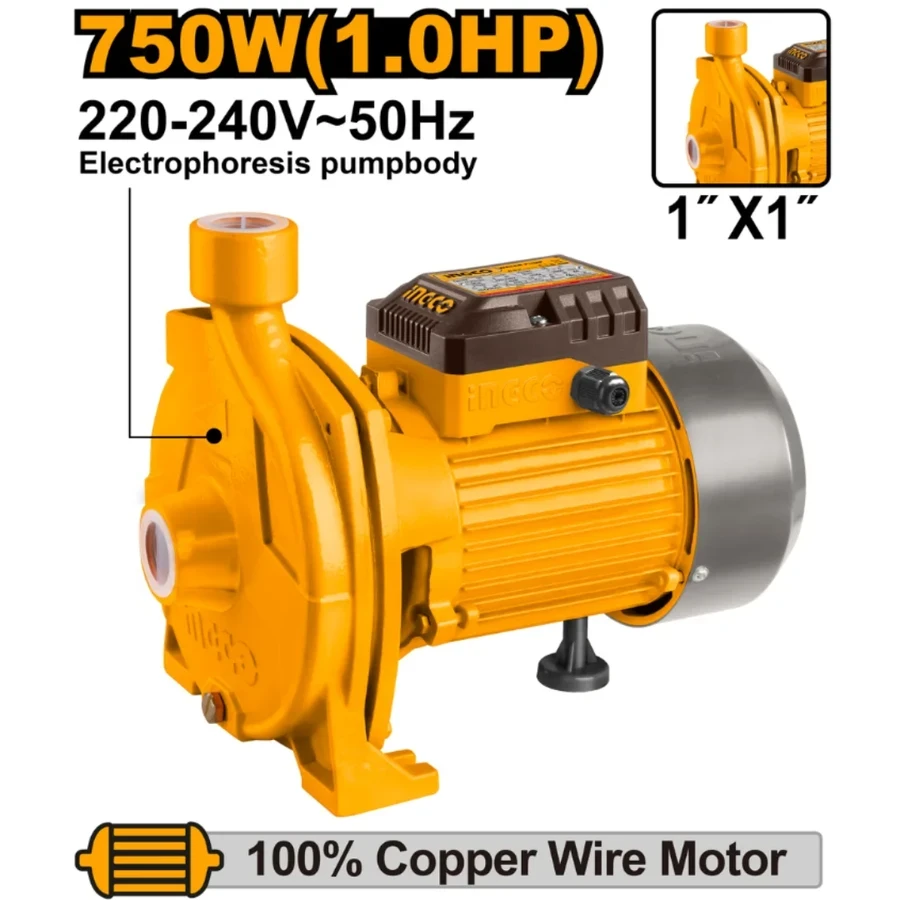 INGCO 1.0HP Industrial Centrifugal Pump | Stainless Steel Impeller | CPM75068