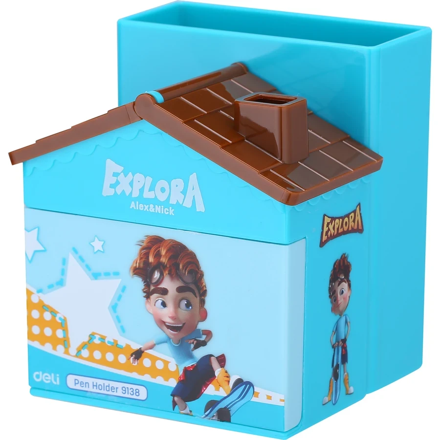 Deli Explora E9138 House Desk Organizer - 3 Compartments & 1 Drawer, PS Plastic, Playful Design for Students(Blue)