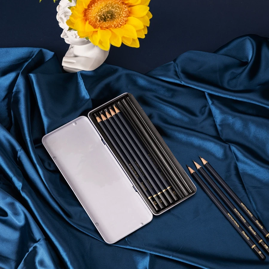 Deli EC26 Sketching Pencil Set - 8 High-Grade Graphite Pencils (2H to 8B) with Hexagonal Barrels and Protective Metal Carrying Case