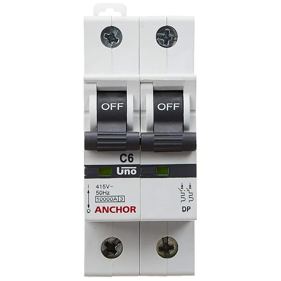 Anchor UNO DP MCB 6A 'C' Curve 98017 - Double Pole, Low Current Capacity, DIN Rail Mount Standard Circuit Breaker