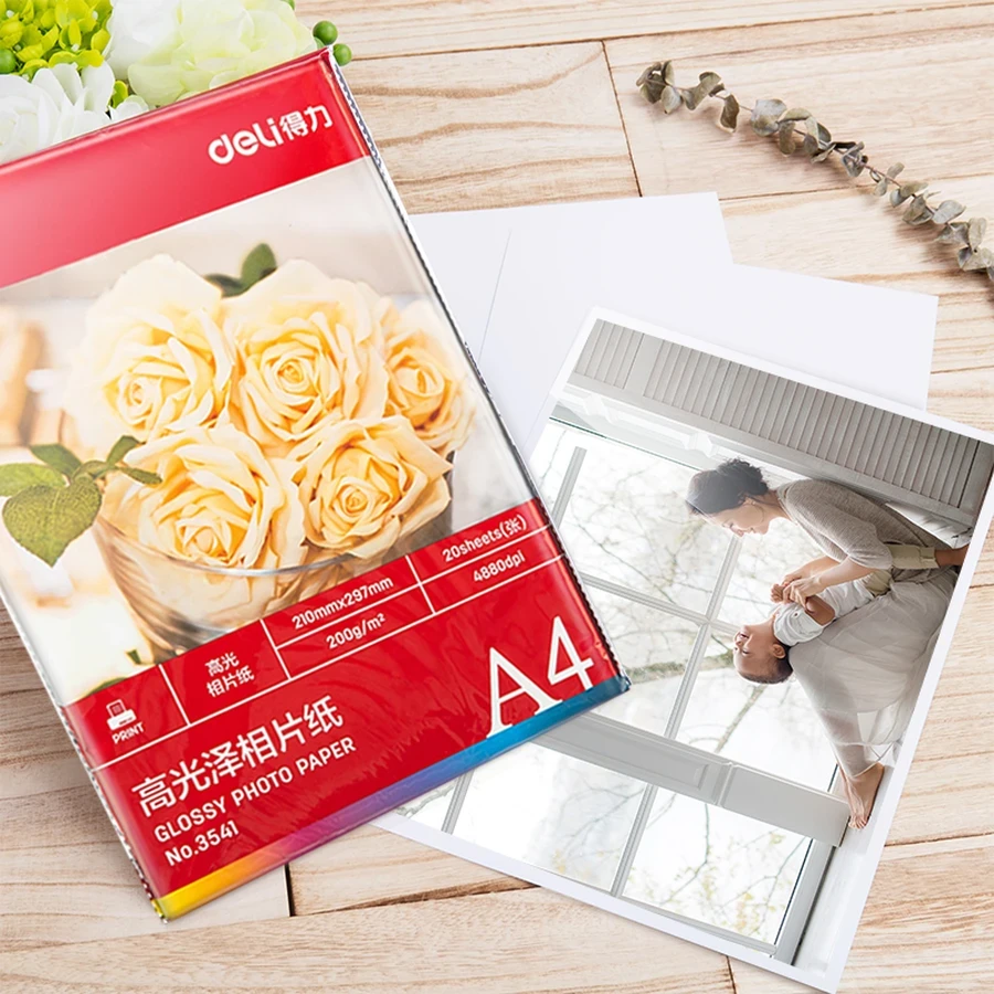 Deli 3541 A4 Photo Paper (White) - 200 GSM Standard Weight Stock, 20 Sheets per Pack for Printing